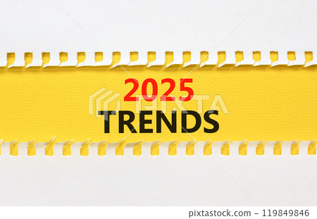 Planning 2025 trends new year symbol. Concept words 2025 Trends on beautiful yellow paper. Beautiful white background. Business 2025 trends new year concept. Copy space. Planning 2025 trends new year symbol. Concept words 2025 Trends on beautiful yellow paper. Beautiful white background. Business 2025 trends new year concept. Copy space. 119849846