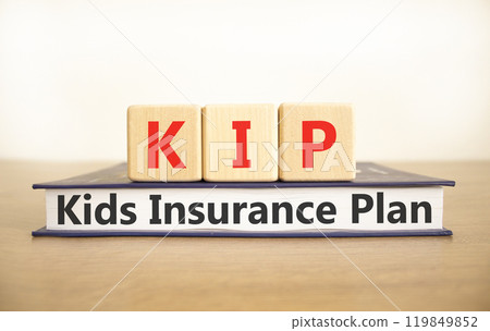 KIP kids insurance plan symbol. Concept words KIP kids insurance plan on beautiful wooden blocks and book. Beautiful white background. Business KIP kids insurance plan concept. Copy space. 119849852