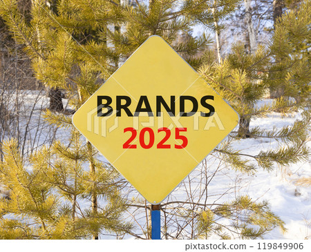 Planning brands 2025 new year symbol. Concept words Brands 2025 on beautiful yellow road sign. Beautiful winter forest background. Business brands 2025 new year concept. Copy space. Planning brands 2025 new year symbol. Concept words Brands 2025 on beautiful yellow road sign. Beautiful winter forest background. Business brands 2025 new year concept. Copy space. 119849906