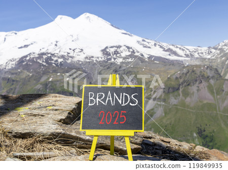 Planning brands 2025 new year symbol. Concept words Brands 2025 on beautiful yellow chalk blackboard. Beautiful mountain Elbrus background. Business brands 2025 new year concept. Copy space. Planning brands 2025 new year symbol. Concept words Brands 2025 on beautiful yellow chalk blackboard. Beautiful mountain Elbrus background. Business brands 2025 new year concept. Copy space. 119849935