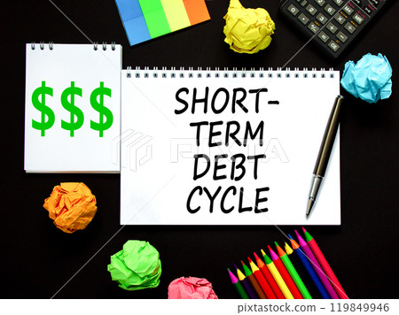 Short-term debt cycle symbol. Concept words Short-term debt cycle on beautiful white note. Beautiful black table black background. Calculator. Business Short-term debt cycle concept. Copy space Short-term debt cycle symbol. Concept words Short-term debt cycle on beautiful white note. Beautiful black table black background. Calculator. Business Short-term debt cycle concept. Copy space 119849946