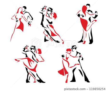 Stylized Dancers Red and Black Vector Illustrations of Passionate Dance. Logo, set, collection, icon 119850254