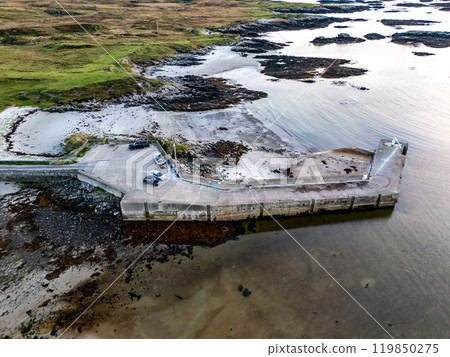 Aerial view of the Pier in Rossbeg in County Donegal during autumn - Ireland Aerial view of the Pier in Rossbeg in County Donegal during autumn - Ireland 119850275