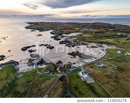 Aerial view of the Pier in Rossbeg in County Donegal during autumn - Ireland 119850276