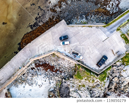 Aerial view of the Pier in Rossbeg in County Donegal during autumn - Ireland Aerial view of the Pier in Rossbeg in County Donegal during autumn - Ireland 119850279
