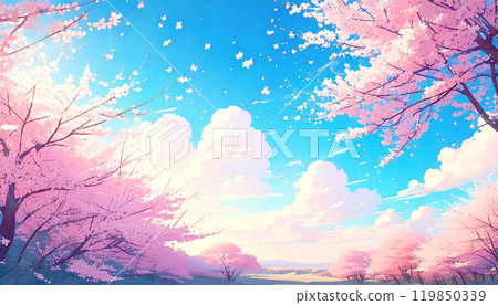 櫻花與藍天共舞的風景插畫素材 119850339