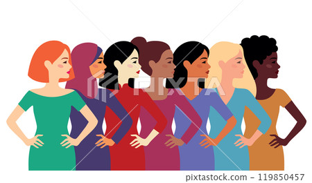 Women of different nationalities and cultures standing together. Women s friendship, union of feminists or sisterhood. Women of different nationalities and cultures standing together. Women s friendship, union of feminists or sisterhood. 119850457
