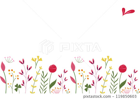 Horizontal white banner. Flat-style summer botanical illustration isolated on a white background. Horizontal white banner. Flat-style summer botanical illustration isolated on a white background. 119850603