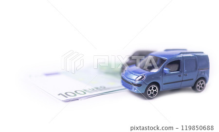 Model car with euro banknotes on white background concept of saving for buying car, car loan and car insurance. 119850688