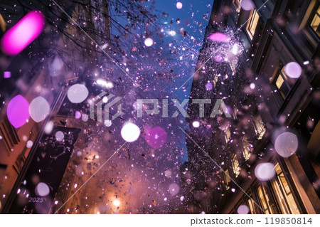 Colorful confetti drifts above the street 119850814
