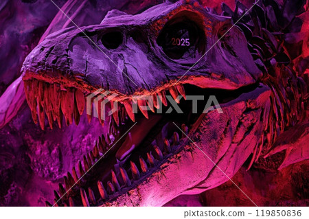 Vibrant exhibit of large dinosaur skeleton 119850836