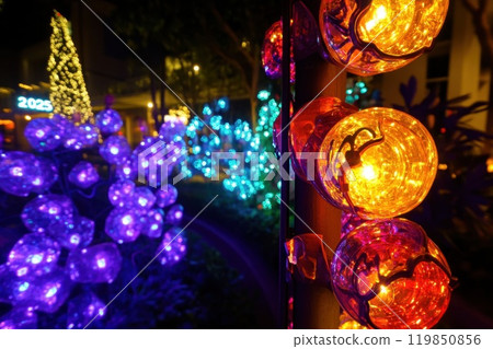 Festive garden with colorful lights Festive garden with colorful lights 119850856