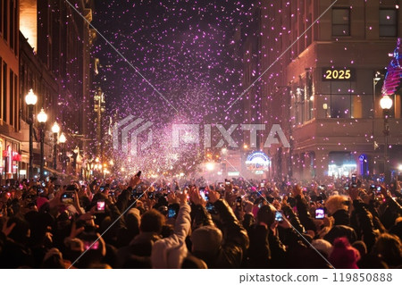 City New Year celebration with confetti 119850888
