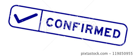 Grunge blue confirmed word with right check mark icon square rubber seal stamp on white background 119850955