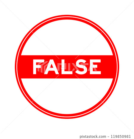 Red color round seal sticker in word false on white background 119850981