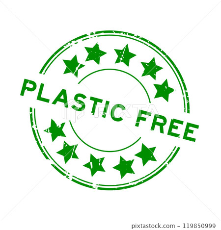 Grunge green plastic free word with star icon round rubber seal stamp on white background Grunge green plastic free word with star icon round rubber seal stamp on white background 119850999