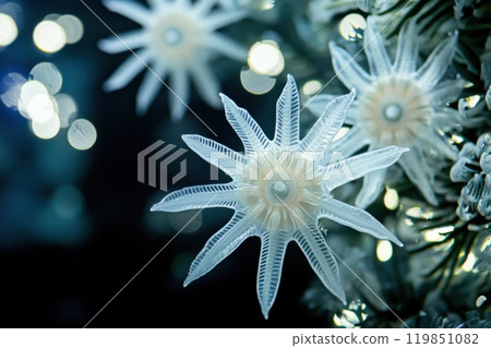 Delicate aquatic life forms glowing in clear water 119851082