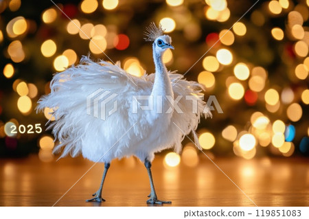 White peacock amid festive lights 119851083