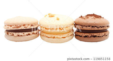 French Macaroons in Three Flavors On Isolated Background. Delicious Pastry 119851158