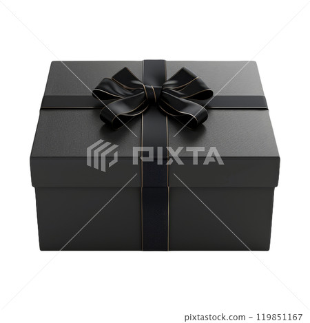 Black Elegant Gift Box with Ribbon. Luxury Gift Box Wrapped with Black Bow On Isolated Background 119851167
