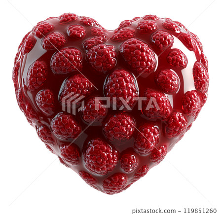 A heart-shaped arrangement of raspberries, glistening with juice, symbolizes love, passion, and sweetness. 119851260