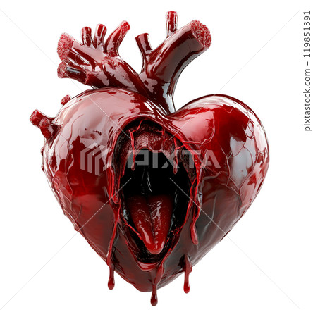 A 3D heart, with an open mouth and red liquid dripping from its interior, is isolated on a transparent background. 119851391