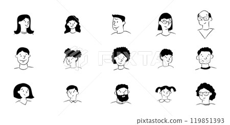 A set of hand drawn human faces. Men, women and children doodle avatars. A collection of ink sketches of different people. 119851393