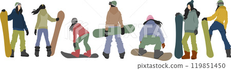 Illustration set of a woman snowboarding on a snowy mountain in winter 119851450