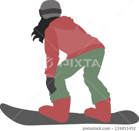 Illustration of a woman snowboarding on a snowy mountain in winter Illustration of a woman snowboarding on a snowy mountain in winter 119851452