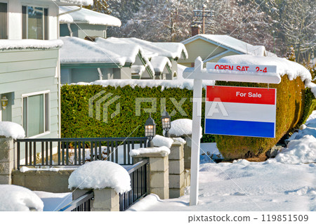 Real Estate for sale. House in snow for sale. Sign on the post. Winter sale Real Estate for sale. House in snow for sale. Sign on the post. Winter sale 119851509