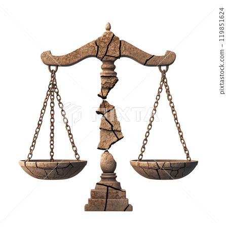 Old, broken scales of justice, with a stone texture, are isolated on a transparent background. 119851624