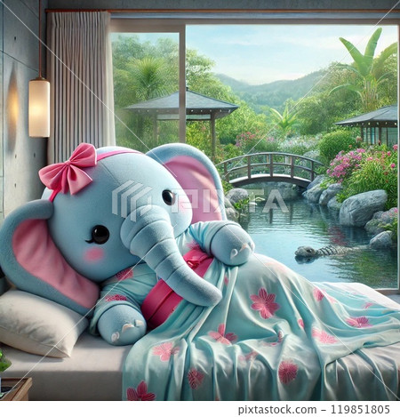 A cute light blue elephant sleeping on a bed in a room with a view of a Japanese garden 119851805