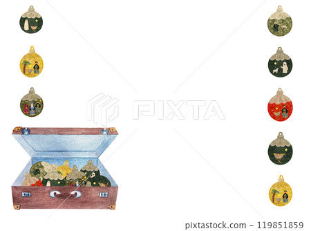 Christmas tree decorative ball in a vintage suitcase horizontal frame isolated on white in watercolor. Illustration for posters, cards, stickers, posters, advent calendar, banner, New Year, stationary Christmas tree decorative ball in a vintage suitcase horizontal frame isolated on white in watercolor. Illustration for posters, cards, stickers, posters, advent calendar, banner, New Year, stationary 119851859