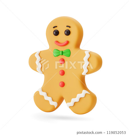 3d cartoon cute cheerful Christmas gingerbread man with green bow tie, red buttons and icing details isolated on white background. Traditional Xmas cookie. For Christmas card. 3d Vector illustration. 3d cartoon cute cheerful Christmas gingerbread man with green bow tie, red buttons and icing details isolated on white background. Traditional Xmas cookie. For Christmas card. 3d Vector illustration. 119852053