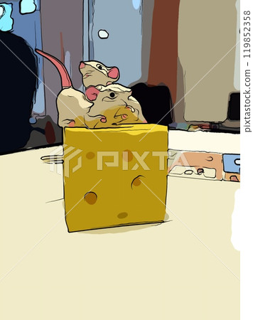 Two white mice with a piece of cheese on a table. 119852358