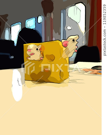 Two white mice with a piece of cheese on a table. Two white mice with a piece of cheese on a table. 119852359