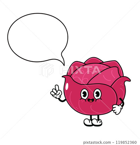 Cute cartoon character of a Red Cabbage with a speech bubble..Vector hand drawn traditional cartoon vintage,retro, kawaii character illustration icon. Isolated white background. Red Cabbage character Cute cartoon character of a Red Cabbage with a speech bubble..Vector hand drawn traditional cartoon vintage,retro, kawaii character illustration icon. Isolated white background. Red Cabbage character 119852360