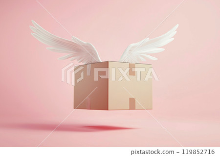Flying box, courier package, cardboard paper box with wings, a flying package. Parcel delivery concept, courier work, logistics, shipping, fast delivery, tracking, cargo shipment 119852716