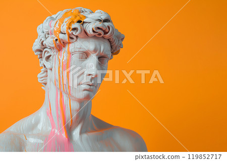 Marble classical sculpture covered with dripping colorful paint. Greek statue in paint stains. Modern art minimalist creative concept. Grunge art, creativity, imagination, party, vandalism 119852717