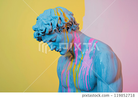 Marble classical sculpture covered with dripping colorful paint. Greek statue in paint stains. Modern art minimalist creative concept. Grunge art, creativity, imagination, party, vandalism Marble classical sculpture covered with dripping colorful paint. Greek statue in paint stains. Modern art minimalist creative concept. Grunge art, creativity, imagination, party, vandalism 119852718