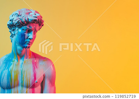 Marble classical sculpture covered with dripping colorful paint. Greek statue in paint stains. Modern art minimalist creative concept. Grunge art, creativity, imagination, party, vandalism Marble classical sculpture covered with dripping colorful paint. Greek statue in paint stains. Modern art minimalist creative concept. Grunge art, creativity, imagination, party, vandalism 119852719