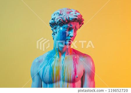 Marble classical sculpture covered with dripping colorful paint. Greek statue in paint stains. Modern art minimalist creative concept. Grunge art, creativity, imagination, party, vandalism 119852720