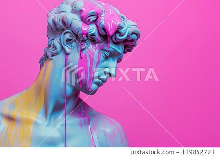 Marble classical sculpture covered with dripping colorful paint. Greek statue in paint stains. Modern art minimalist creative concept. Grunge art, creativity, imagination, party, vandalism 119852721