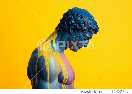 Marble classical sculpture covered with dripping colorful paint. Greek statue in paint stains. Modern art minimalist creative concept. Grunge art, creativity, imagination, party, vandalism Marble classical sculpture covered with dripping colorful paint. Greek statue in paint stains. Modern art minimalist creative concept. Grunge art, creativity, imagination, party, vandalism 119852722
