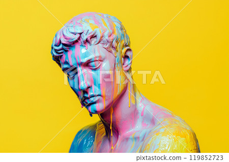 Marble classical sculpture covered with dripping colorful paint. Greek statue in paint stains. Modern art minimalist creative concept. Grunge art, creativity, imagination, party, vandalism 119852723