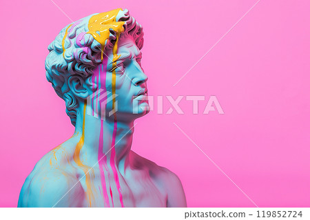 Marble classical sculpture covered with dripping colorful paint. Greek statue in paint stains. Modern art minimalist creative concept. Grunge art, creativity, imagination, party, vandalism 119852724