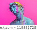 Marble classical sculpture covered with dripping colorful paint. Greek statue in paint stains. Modern art minimalist creative concept. Grunge art, creativity, imagination, party, vandalism 119852728