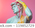Marble classical sculpture covered with dripping colorful paint. Greek statue in paint stains. Modern art minimalist creative concept. Grunge art, creativity, imagination, party, vandalism 119852729