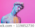 Marble classical sculpture covered with dripping colorful paint. Greek statue in paint stains. Modern art minimalist creative concept. Grunge art, creativity, imagination, party, vandalism 119852730