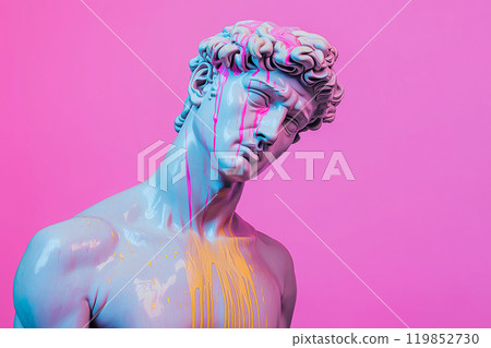 Marble classical sculpture covered with dripping colorful paint. Greek statue in paint stains. Modern art minimalist creative concept. Grunge art, creativity, imagination, party, vandalism Marble classical sculpture covered with dripping colorful paint. Greek statue in paint stains. Modern art minimalist creative concept. Grunge art, creativity, imagination, party, vandalism 119852730